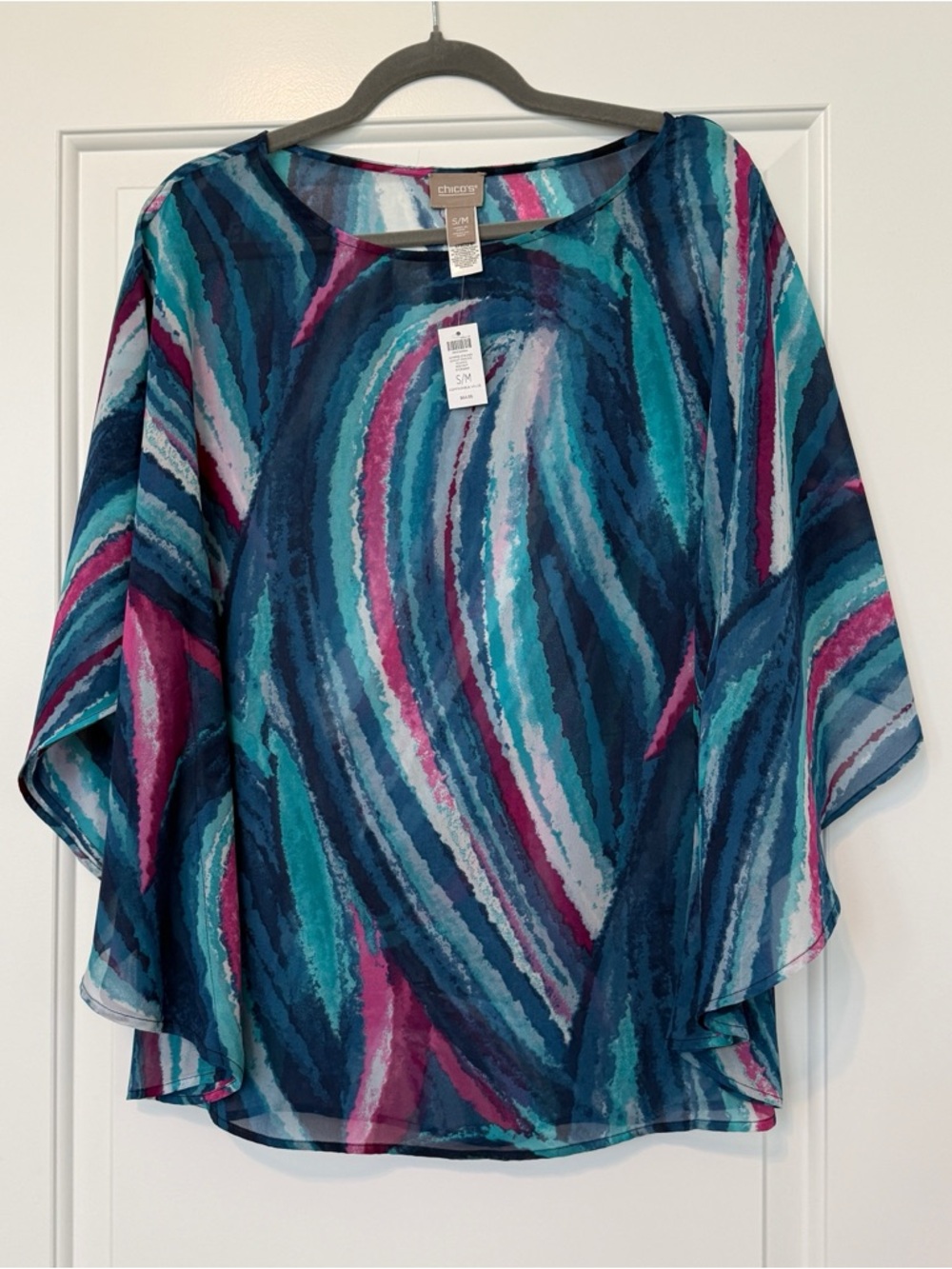 NWT Chico's Blue Teal & Pink Wave-Print Poncho Top S/M Lightweight
